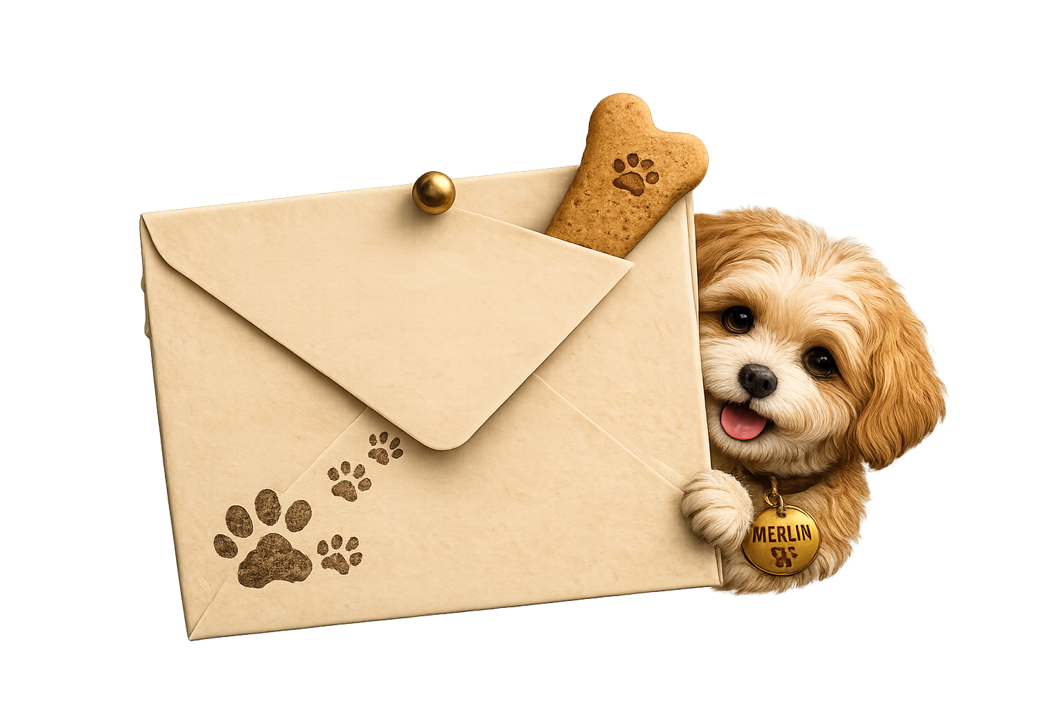 Merlin peeking from an envelope
